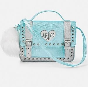Blue pebbled studded satchel crossbody